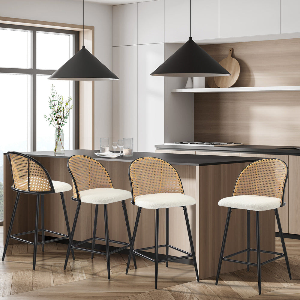Oikiture 4x Bar Stools Kitchen Counter Stool Rattan Boucle Fabric