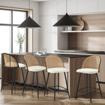 Oikiture 4x Bar Stools Kitchen Counter Stool Rattan Boucle Fabric