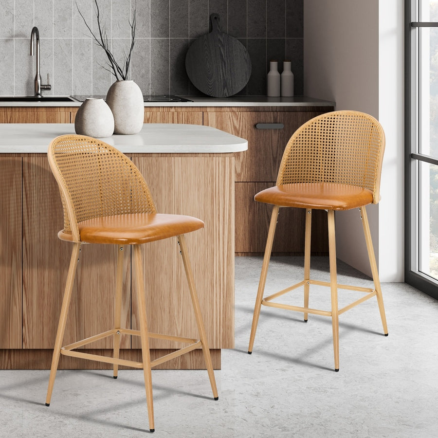 Oikiture 2x Bar Stools Rattan Dining Chair Natural PU Brown