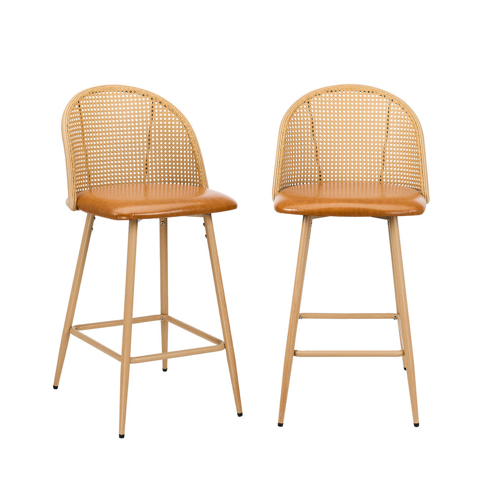 Oikiture 2x Bar Stools Rattan Dining Chair Natural PU Brown