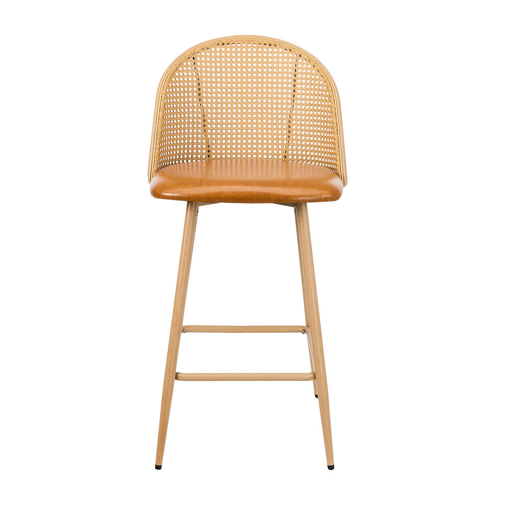Oikiture 2x Bar Stools Rattan Dining Chair Natural PU Brown