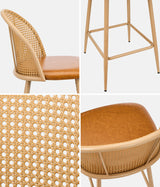 Oikiture 2x Bar Stools Rattan Dining Chair Natural PU Brown - 45-Degree Angle
