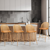Oikiture 4x Bar Stools Rattan Dining Chair Natural PU Brown - Low Angle