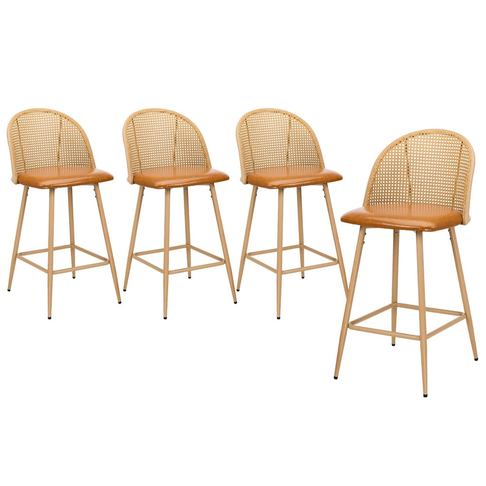 Oikiture 4x Bar Stools Rattan Dining Chair Natural PU Brown