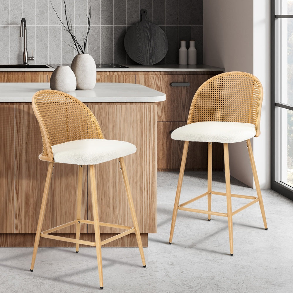 Oikiture 2x Bar Stools Rattan Dining Chair Natural Boucle White