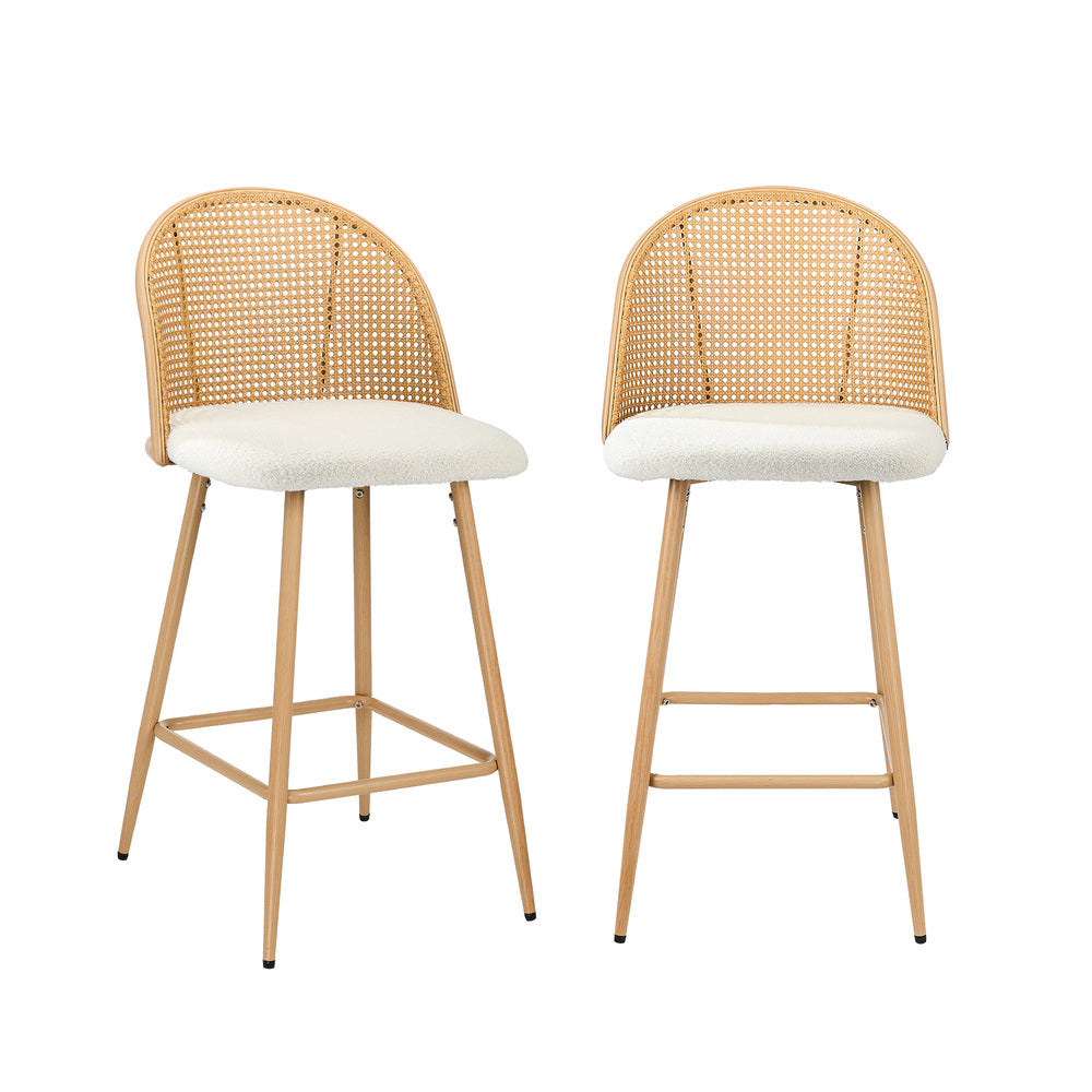 Oikiture 2x Bar Stools Rattan Dining Chair Natural Boucle White