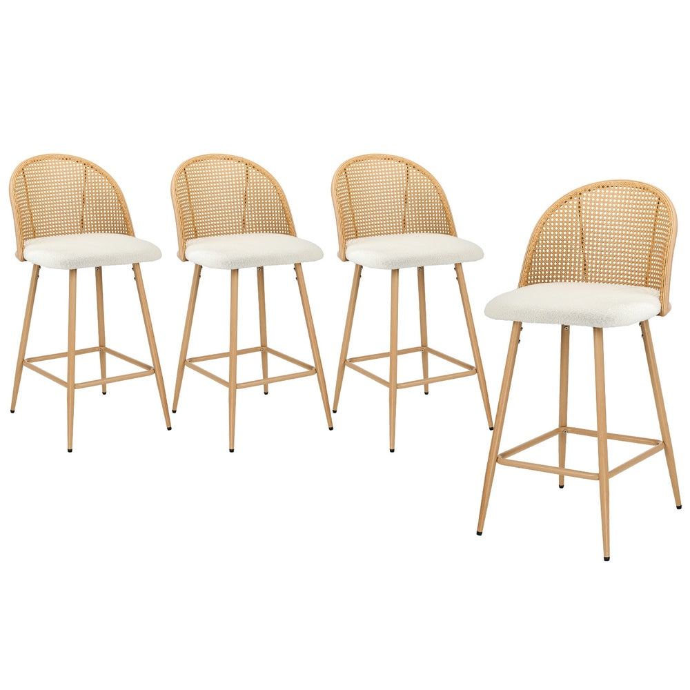 Oikiture 4x Bar Stools Rattan Dining Chair Natural Boucle White