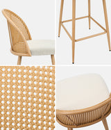 Oikiture 4x Bar Stools Rattan Dining Chair Natural Boucle White - Rear View