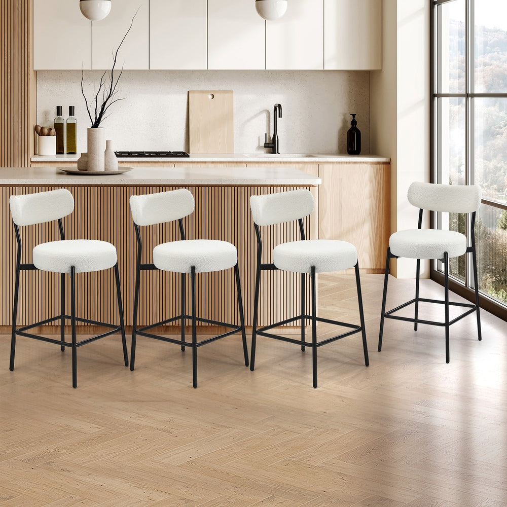 Oikiture 4x Bar Stools Kitchen Dining Stool Boucle Fabric White