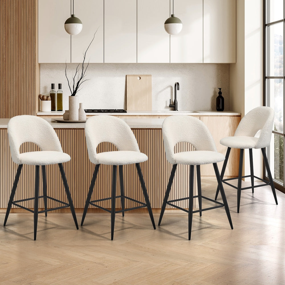 Oikiture 4x Bar Stools Kitchen Counter Stool Boucle White HORN