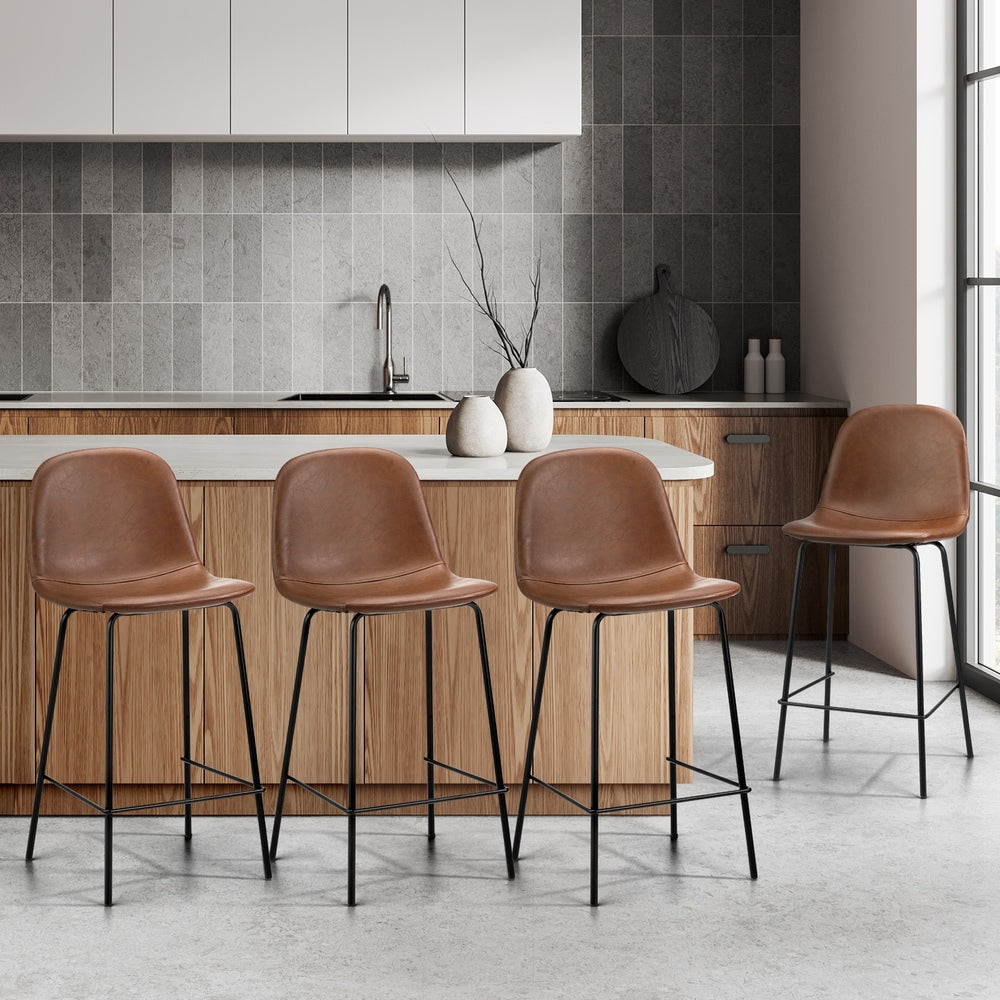 Oikiture 4x Bar Stools Kitchen Dining Chair PU Leather Brown