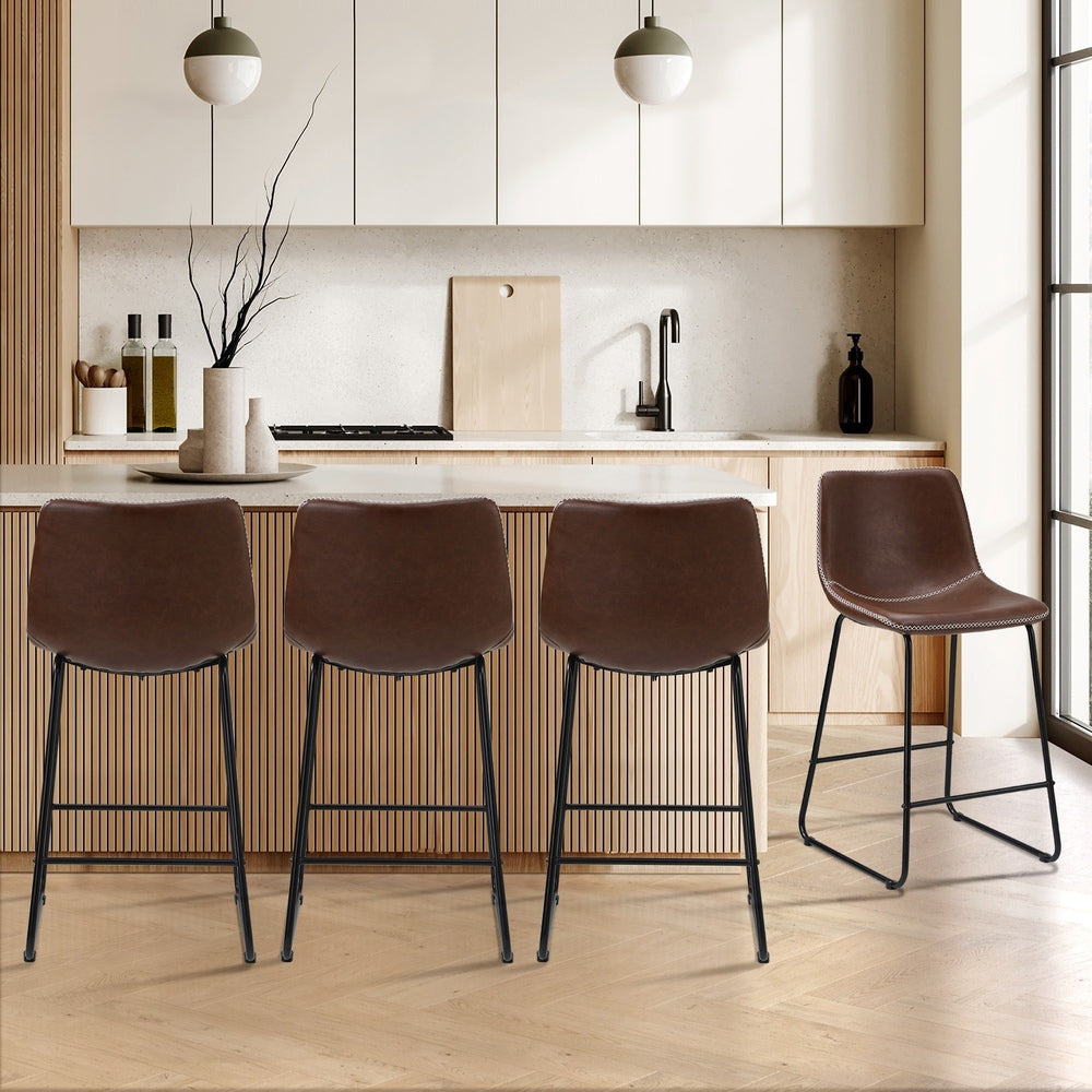 Oikiture 4X Bar Stools Leather Padded Stool Brown