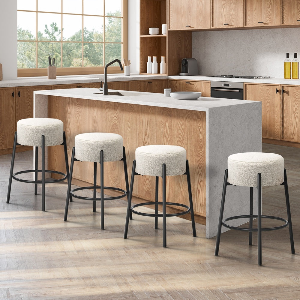 Oikiture 4x Bar Stools Kitchen Round Stool Boucle Fabric White