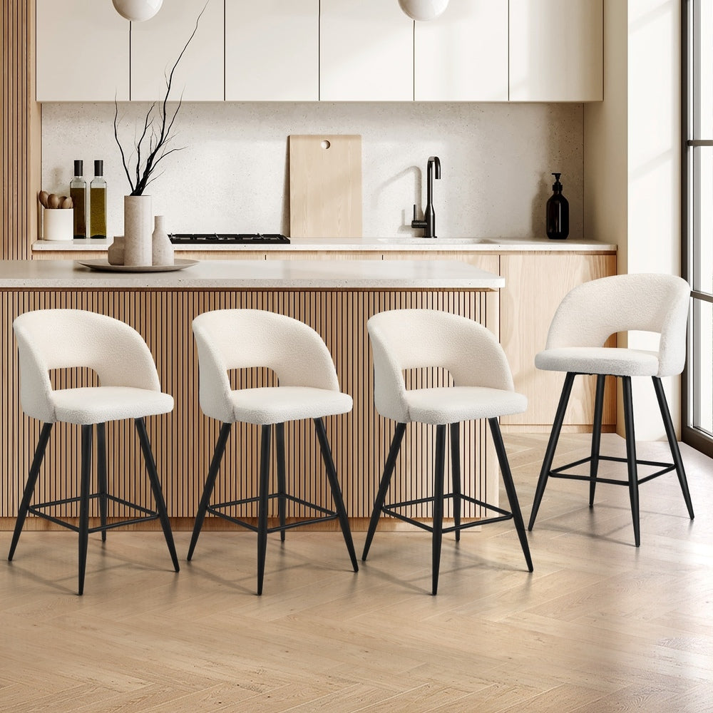 Oikiture 4x Bar Stools Kitchen Dining Chair Boucle White SURA