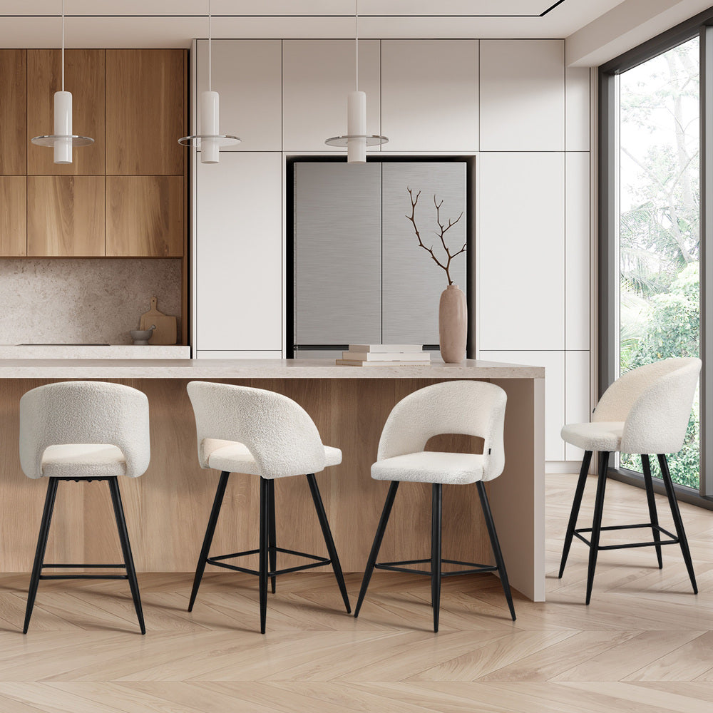Oikiture 4x Bar Stools Kitchen Dining Chair Boucle White SURA