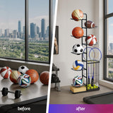 Everfit Ball Storage Rack Sports Equipment Organizer 7-Tier with Basket for Garage Gym Black - Top-Down View