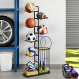 Everfit Ball Storage Rack Sports Equipment Organizer 7-Tier with Basket for Garage Gym Black - Close-Up Angle