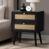 Oikiture Bedside Table 2 Drawers Storage Cabinet Rattan - Low Angle