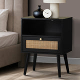 Oikiture Bedside Table Storage Drawer Shelf Rattan Black