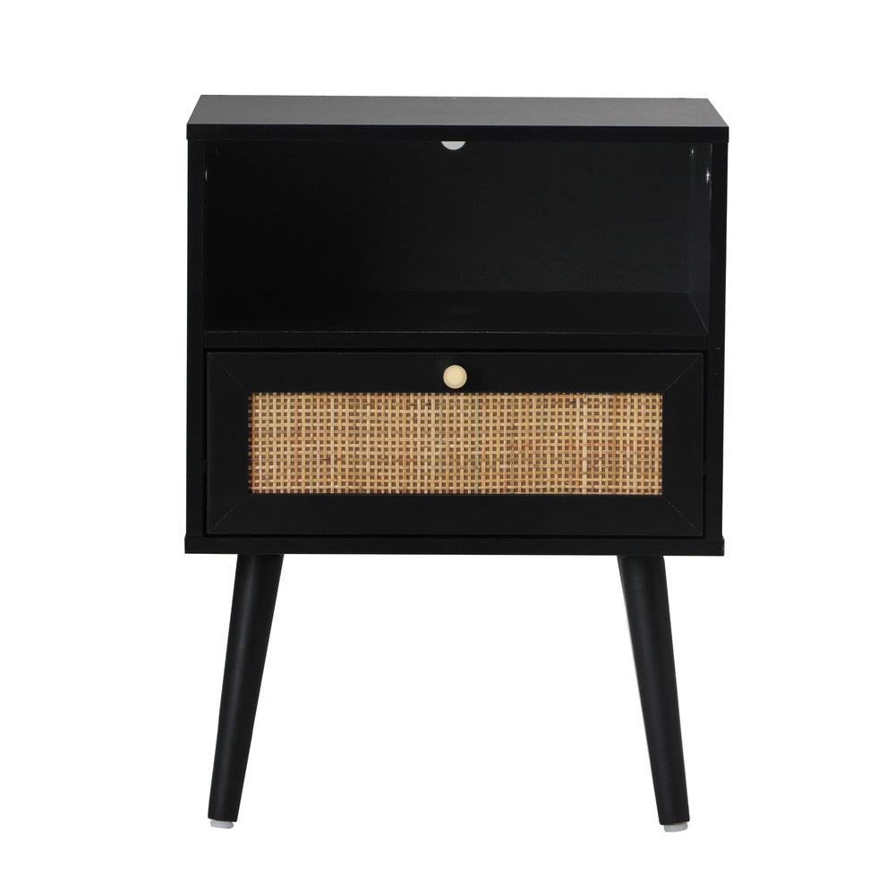 Oikiture Bedside Table Storage Drawer Shelf Rattan Black