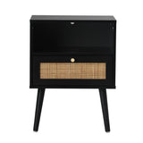 Oikiture Bedside Table Storage Drawer Shelf Rattan Black - Side View