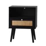 Oikiture Bedside Table Storage Drawer Shelf Rattan Black