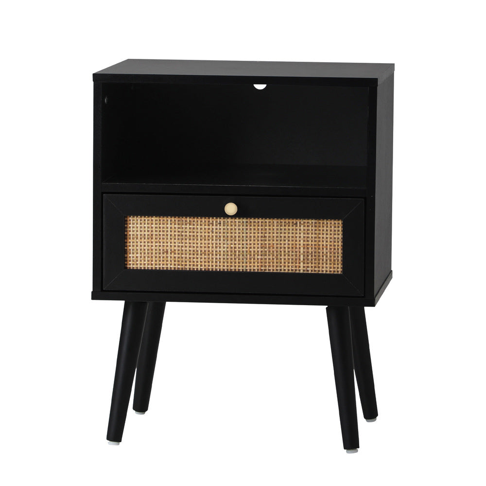 Oikiture Bedside Table Storage Drawer Shelf Rattan Black