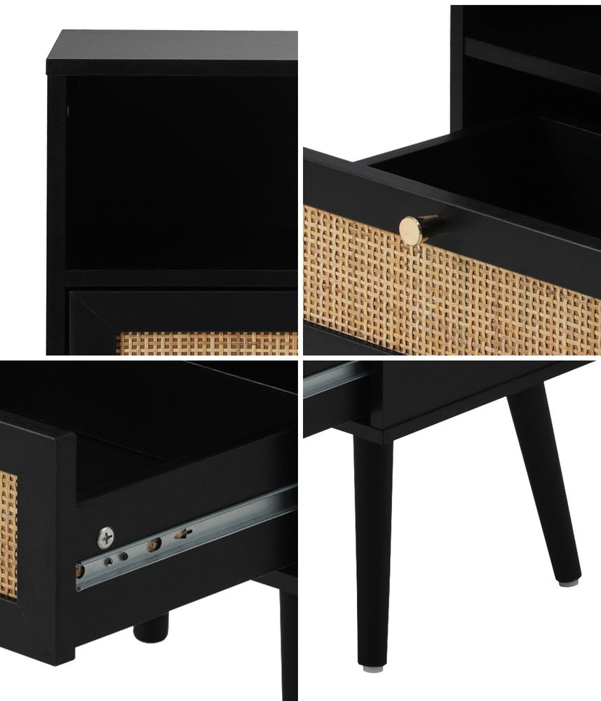 Oikiture Bedside Table Storage Drawer Shelf Rattan Black