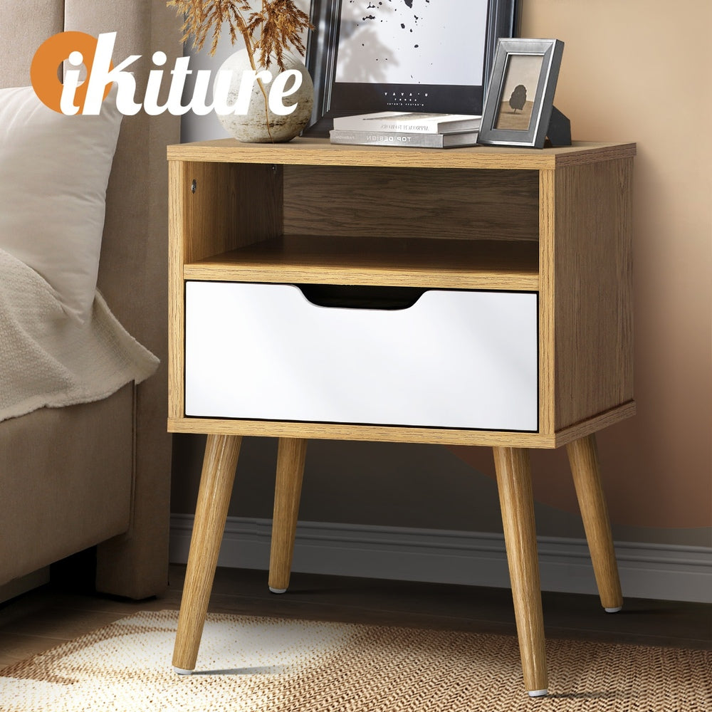 Oikiture Bedside Table Handle-Free Open Shelf Wooden&White