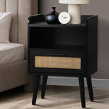 Oikiture Bedside Table Drawer Side End Table Rattan - Front View