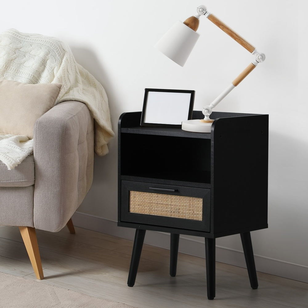 Oikiture Bedside Table Drawer Side End Table Rattan