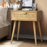 Oikiture Bedside Table Wooden Rattan Furniture - Front View