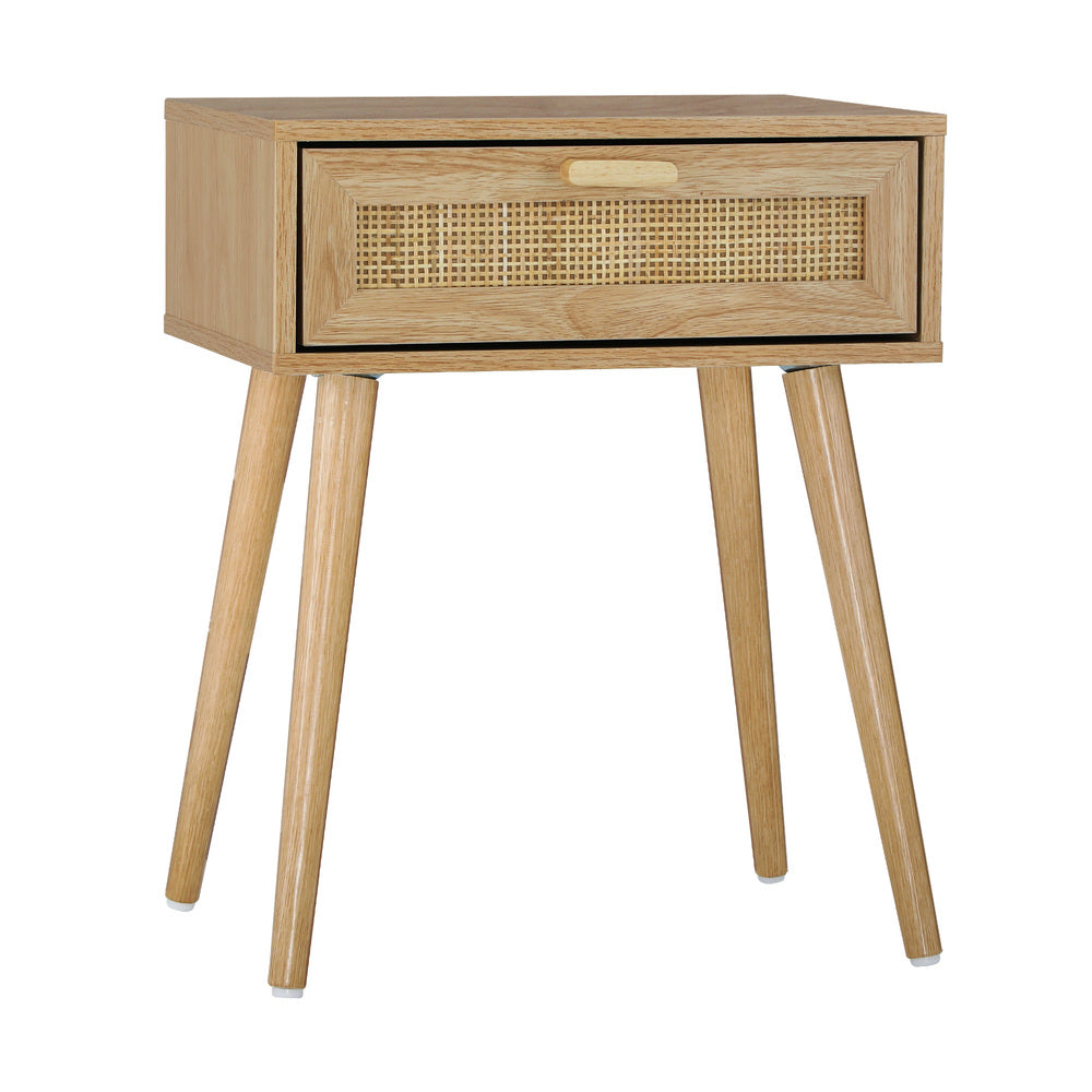 Oikiture Bedside Table Wooden Rattan Furniture