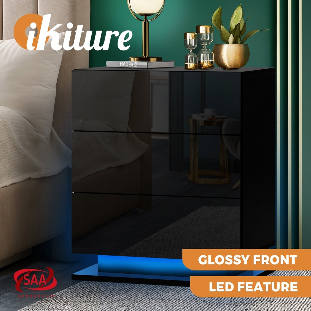 Oikiture LED Bedside Table RGB 3 Drawers Black