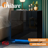 Oikiture LED Bedside Table RGB 3 Drawers Black - Rear View