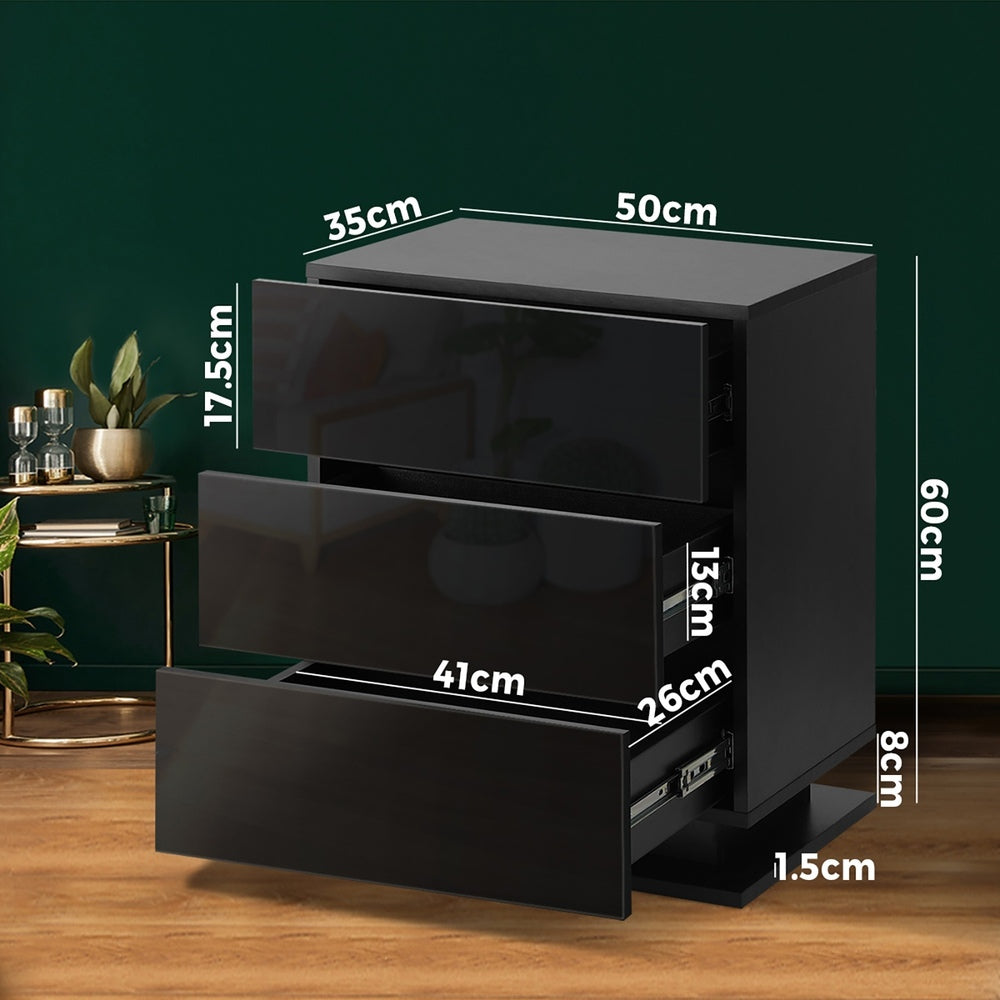 Oikiture LED Bedside Table RGB 3 Drawers Black