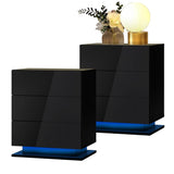 Oikiture Bedside Tables Set of 2 LED Nightstand 3 Drawers - Top-Down View