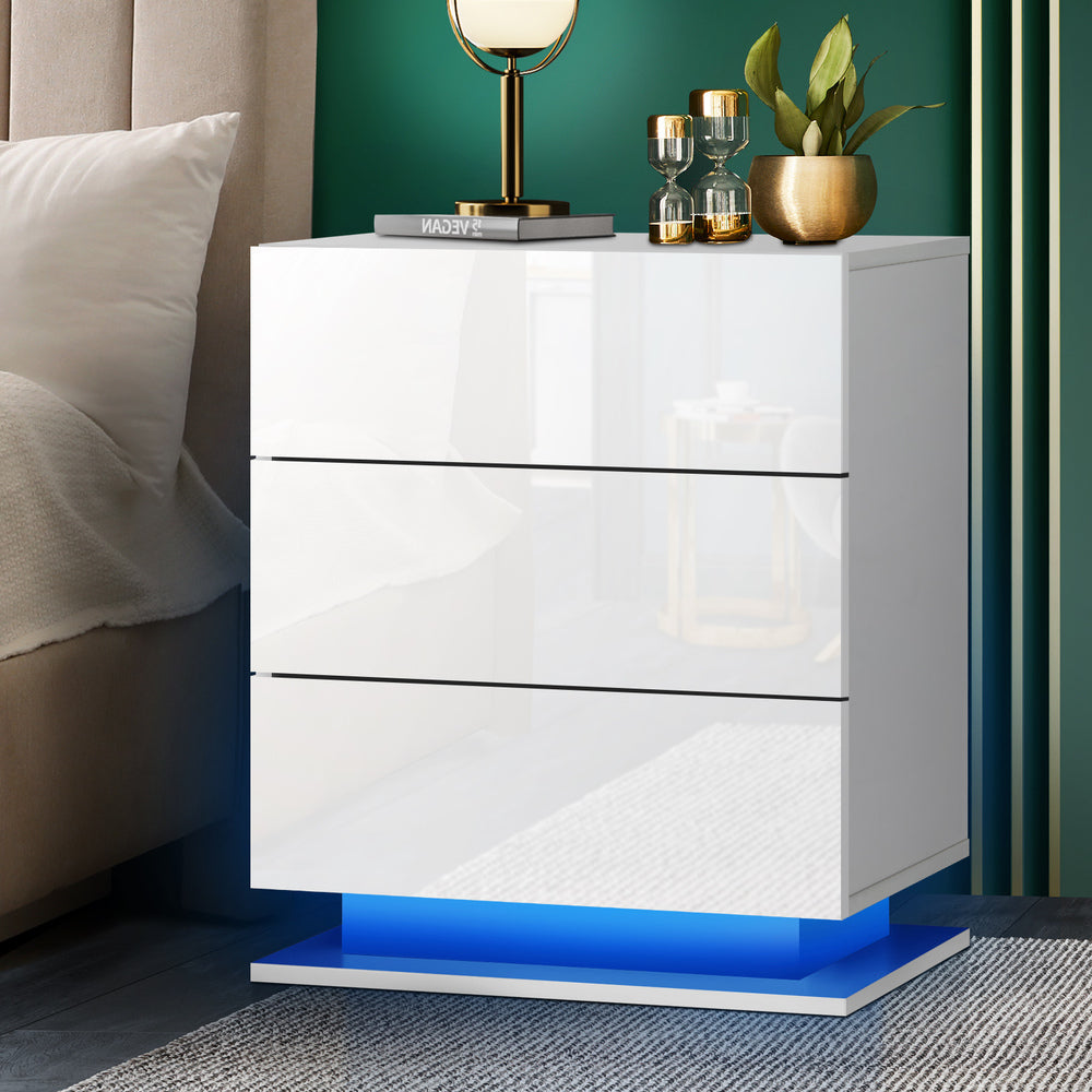 Oikiture LED Bedside Table RGB 3 Drawers White
