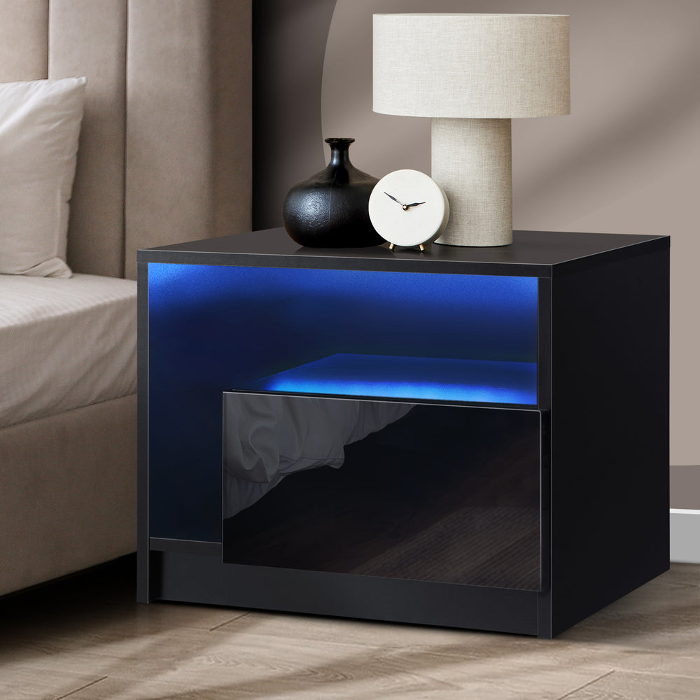 Oikiture Bedside Tables RGB LED High Gloss Black