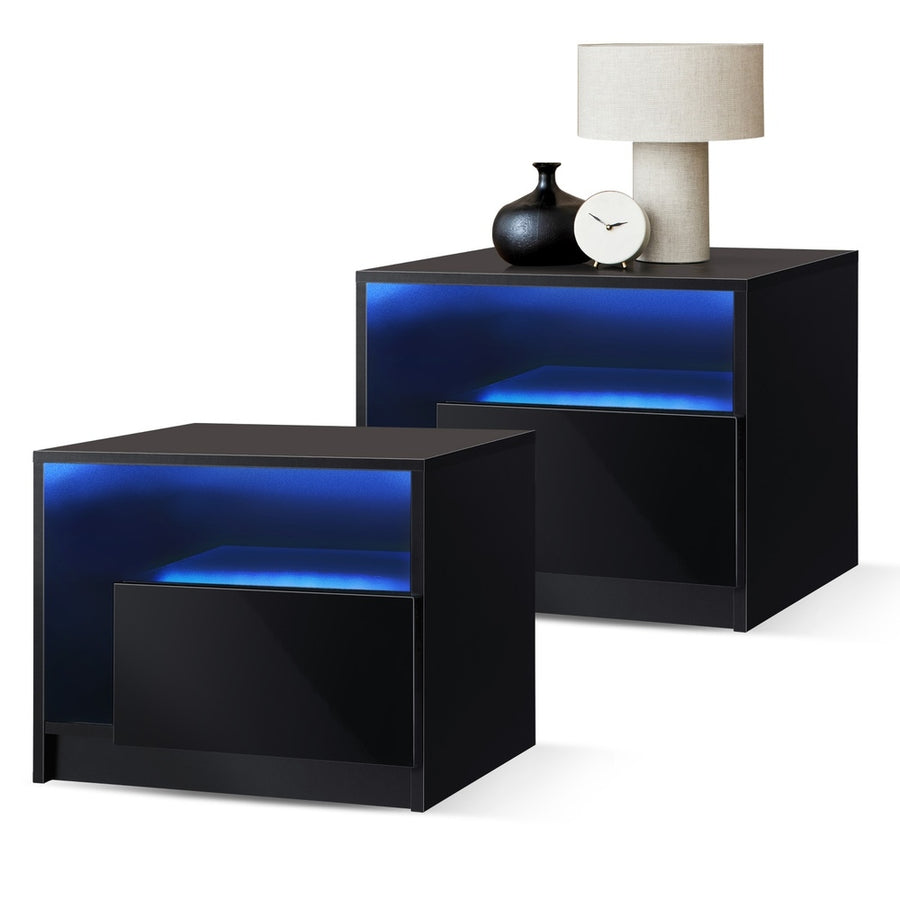 Oikiture Bedside Tables Set of 2 LED Black, LED Lights