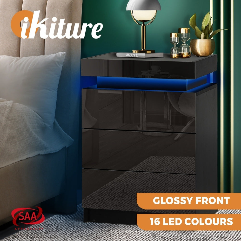 Oikiture Bedside Table RGB LED 3 Drawers Black