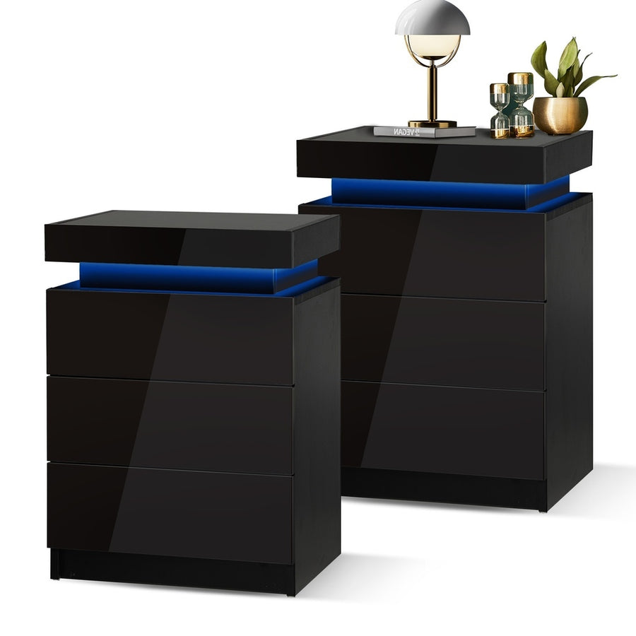 Oikiture Bedside Tables Set of 2 LED Nightstand Black, image 9