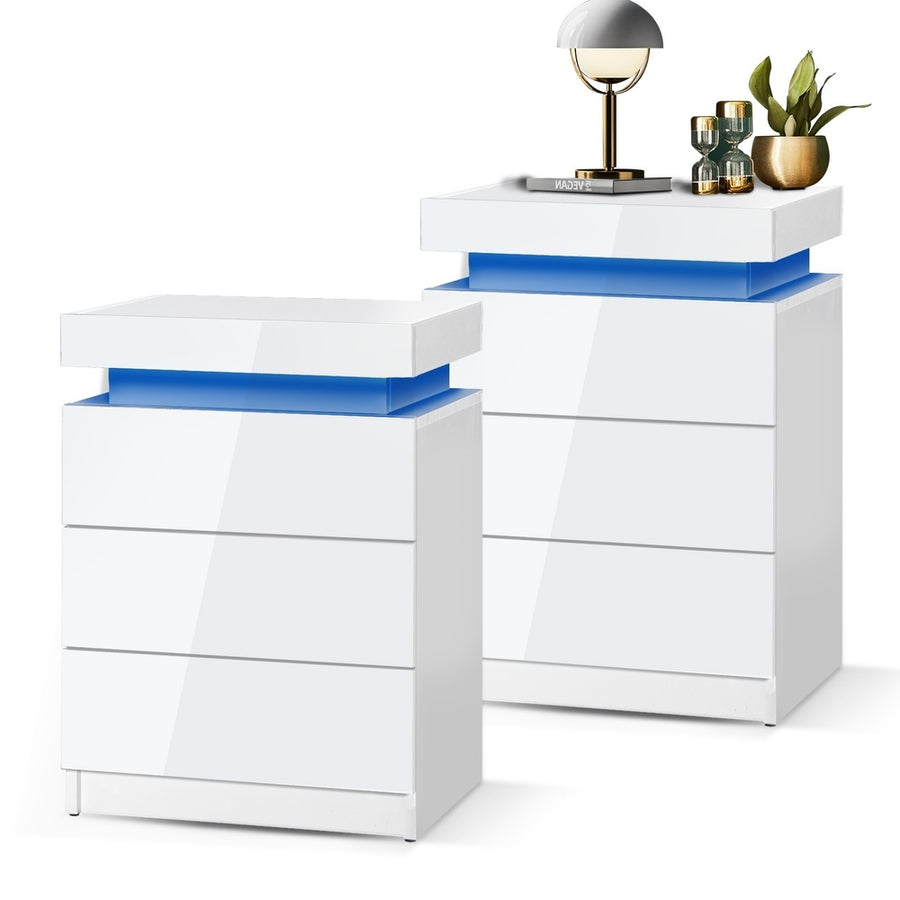 Oikiture Bedside Tables Set of 2 LED Nightstand White, image 10
