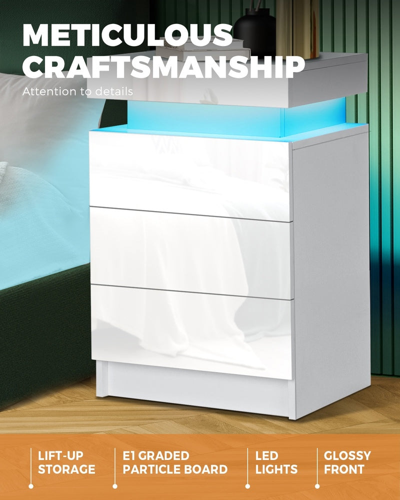 Oikiture Bedside Tables Set of 2 LED Nightstand White