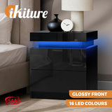Oikiture Bedside Table RGB LED 2 Drawers Black