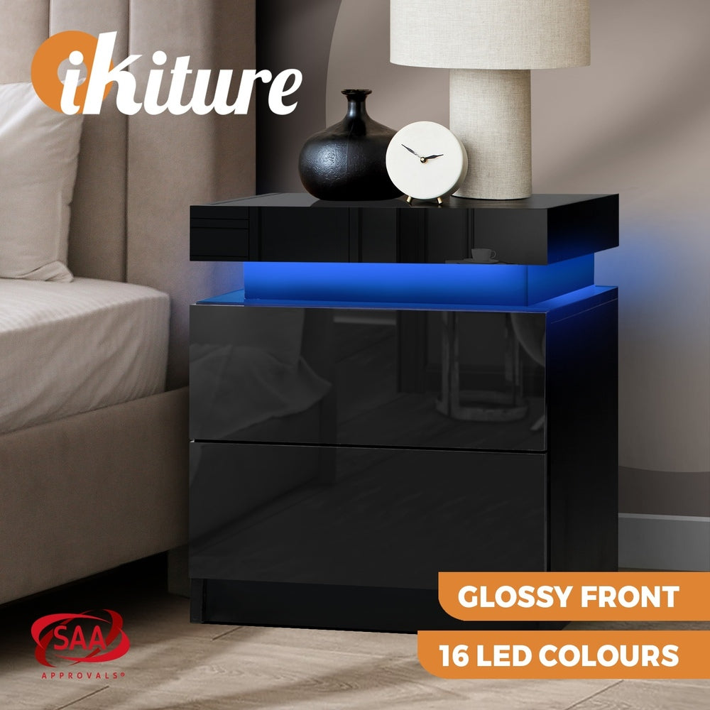 Oikiture Bedside Table RGB LED 2 Drawers Black