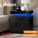 Oikiture Bedside Table RGB LED 2 Drawers Black - Side View