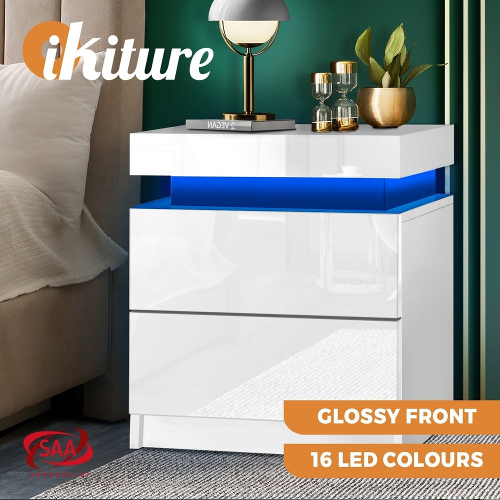 Oikiture Bedside Table RGB LED 2 Drawers White