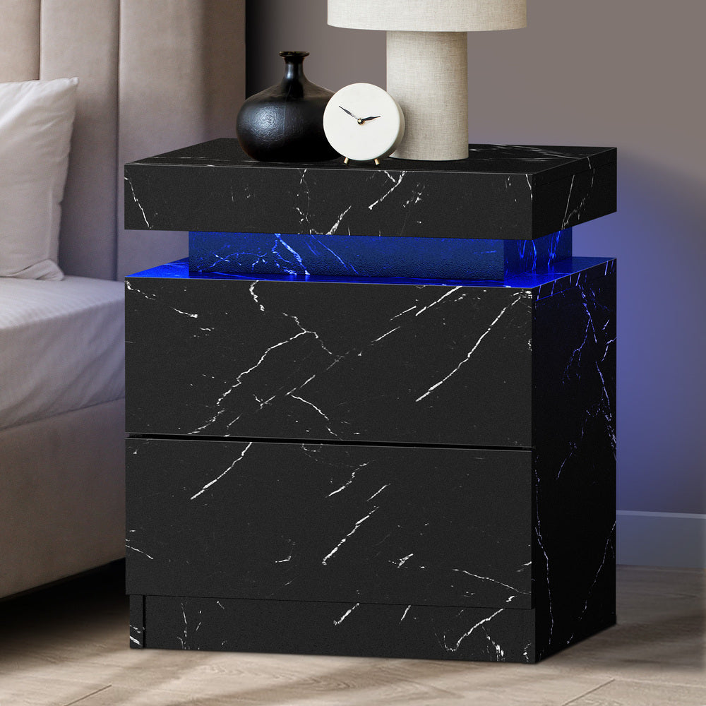 Oikiture Bedside Table 2 Drawers LED Nightstand Marble Effect Black