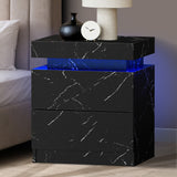 Oikiture Bedside Table 2 Drawers LED Nightstand Marble Effect Black - Front View